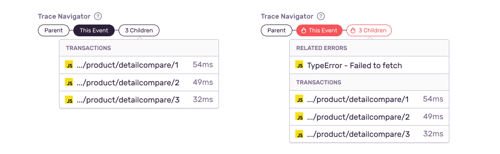 Trace navigator showing related events